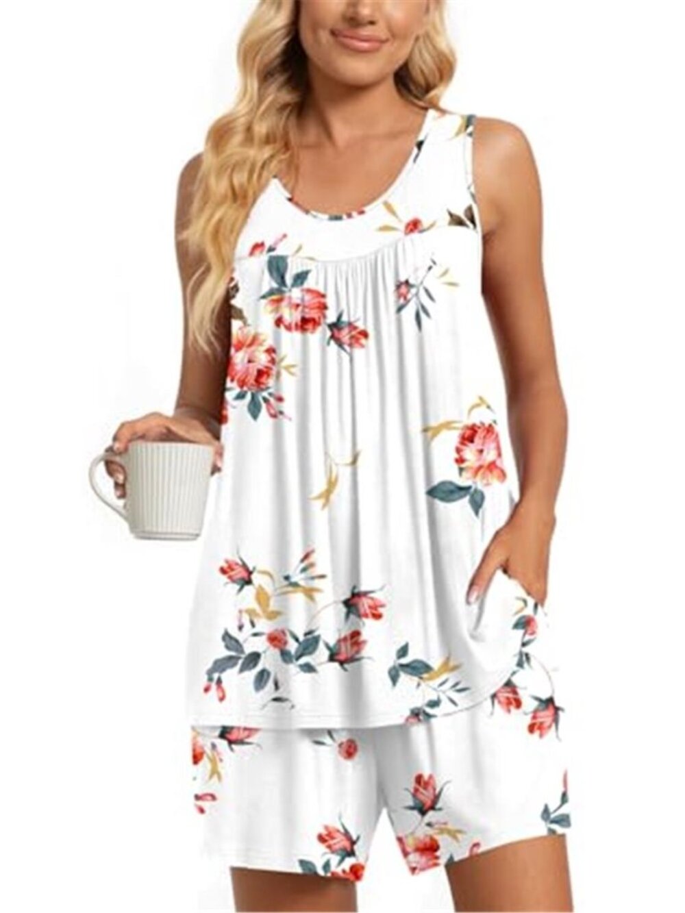 TAOHUADAO White Floral Pajama Set Sleeveless Tank & Shorts Lounge Set